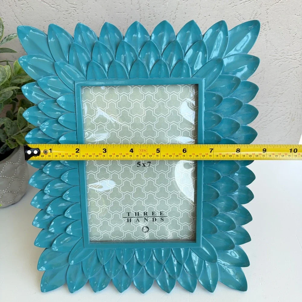 Three Hands Turquoise Metal Petal Leaf 5x7 Picture Frame Teal Glossy Rectangular
